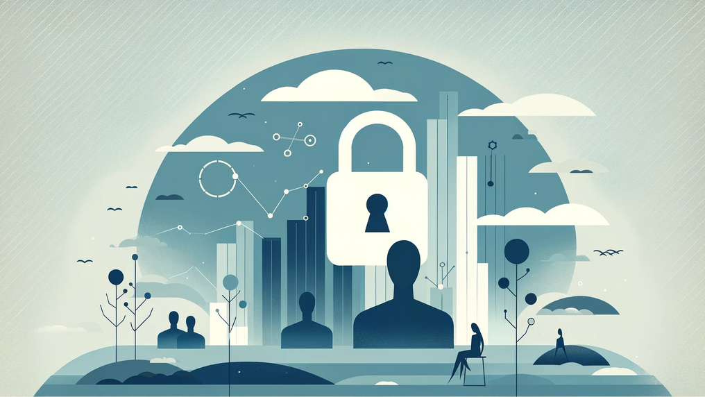 Illustration : un grand cadenas au-dessus de silhouettes anonymes, devant des graphiques