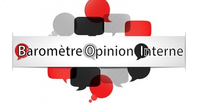 Le logo « Baromètre Opinion Interne », entouré de bulles de dialogue rouges, noires et grises