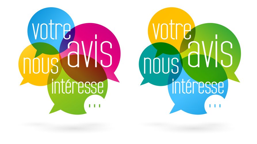 Des bulles de dialogue colorées forment la phrase « Votre avis nous intéresse »